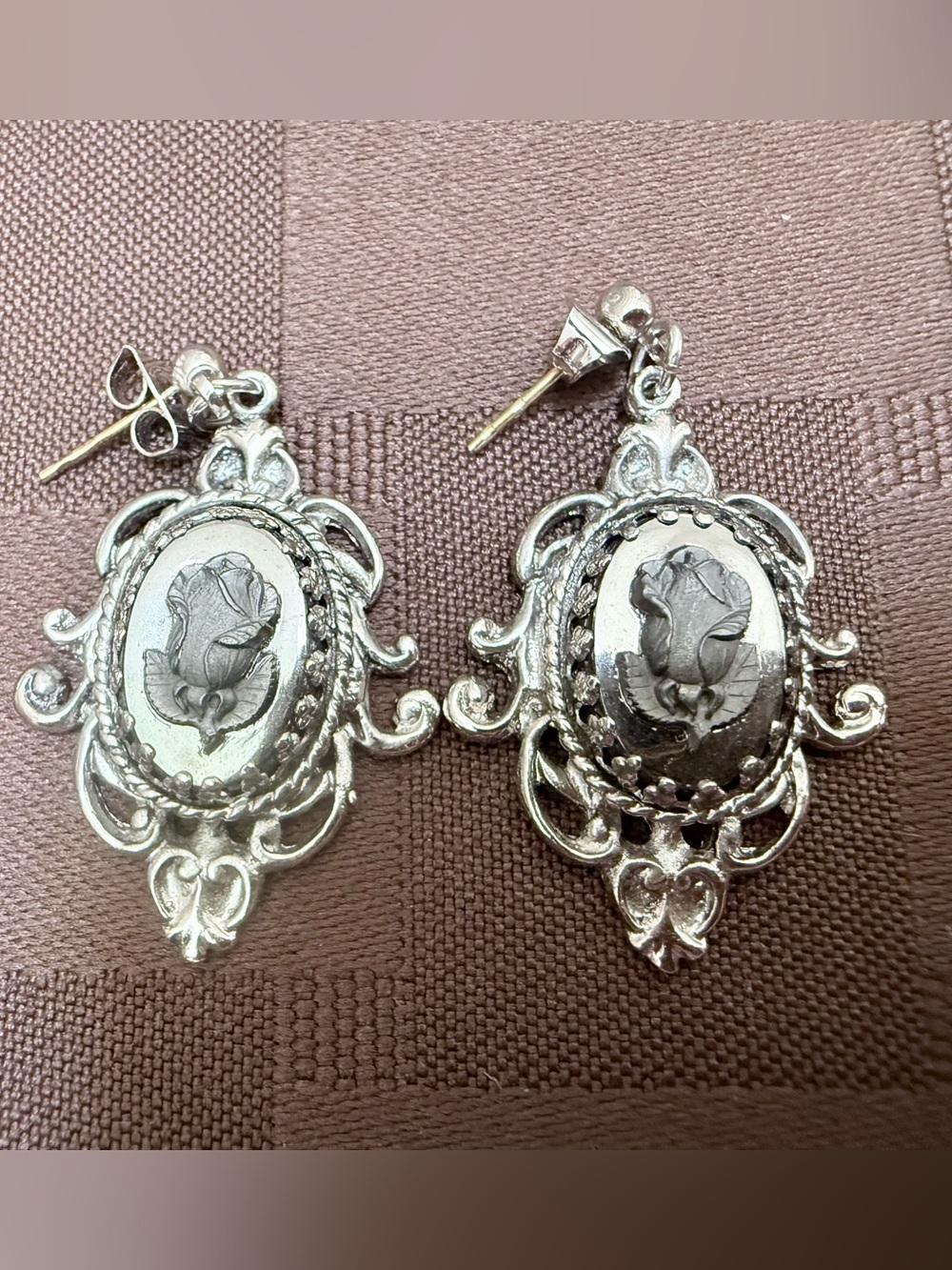 Vintage Whiting & Davis 1767Hematite Rose Cameo EarringsFiligree 14K Posts